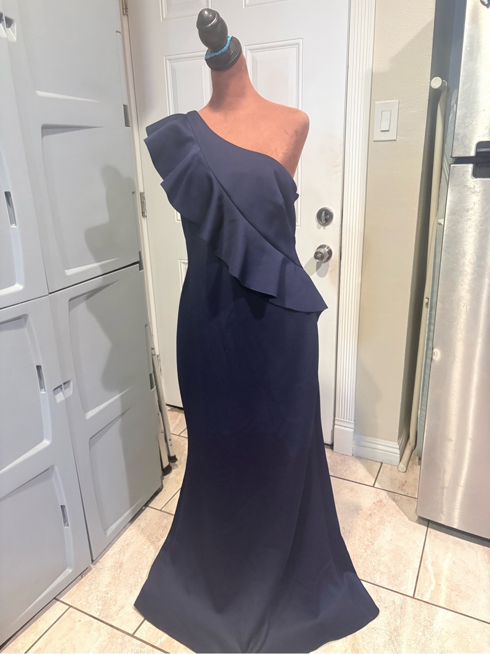 Jessica Howard Navy One-Shoulder Ruffle Gown